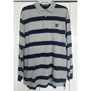 Polo Golf Ralph Lauren Mens Large Grey Navy Striped Long Sleeve Polo Shirt Crest